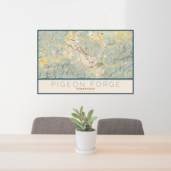 24x36 Pigeon Forge Tennessee Map Print Landscape Orientation in Woodblock Style Behind 2 Chairs Table and Potted Plant