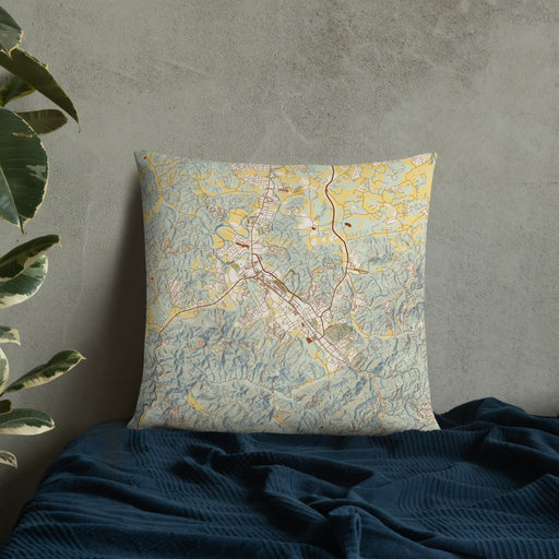 Custom Pigeon Forge Tennessee Map Throw Pillow in Woodblock on Bedding Against Wall