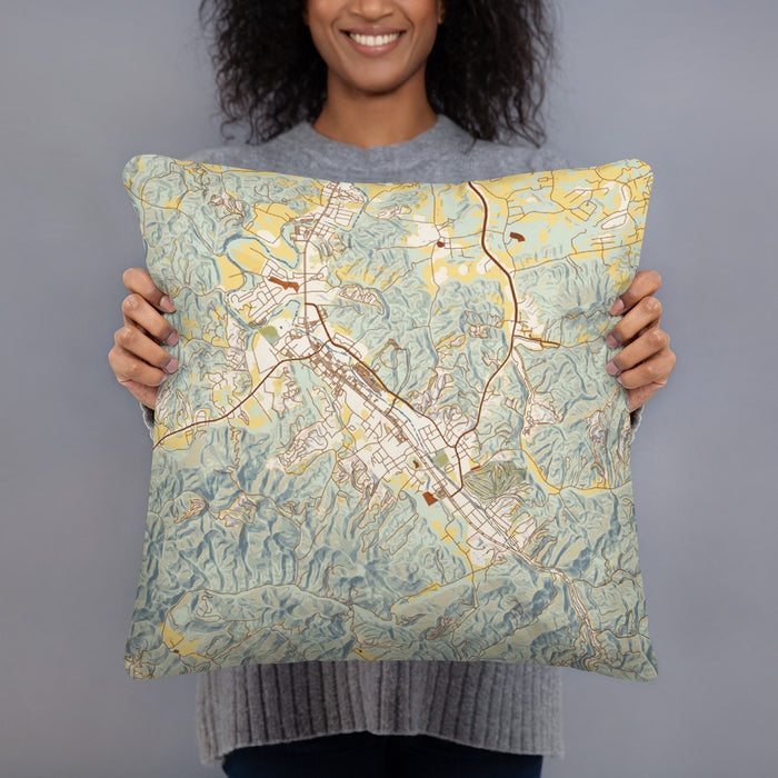 Person holding 18x18 Custom Pigeon Forge Tennessee Map Throw Pillow in Woodblock