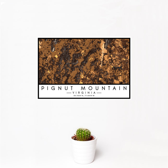 12x18 Pignut Mountain Virginia Map Print Landscape Orientation in Ember Style With Small Cactus Plant in White Planter