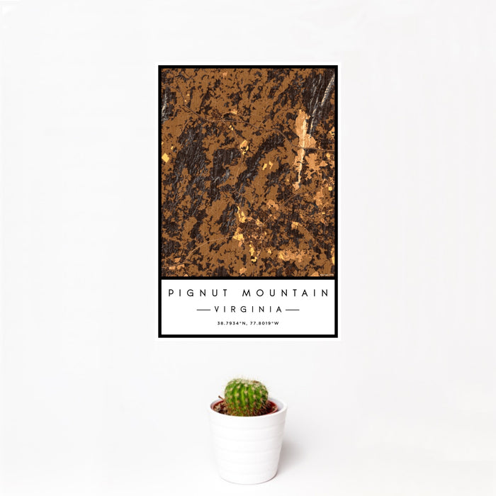 12x18 Pignut Mountain Virginia Map Print Portrait Orientation in Ember Style With Small Cactus Plant in White Planter