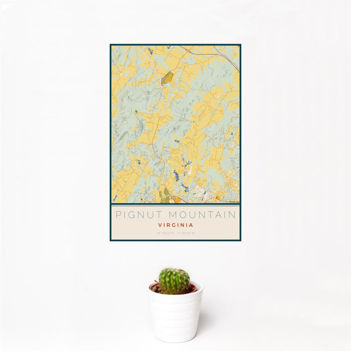 12x18 Pignut Mountain Virginia Map Print Portrait Orientation in Woodblock Style With Small Cactus Plant in White Planter