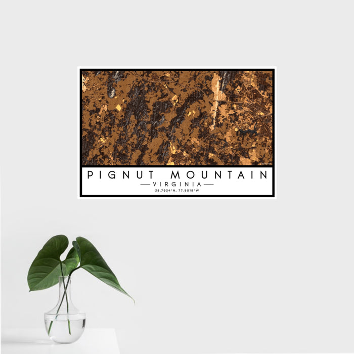 16x24 Pignut Mountain Virginia Map Print Landscape Orientation in Ember Style With Tropical Plant Leaves in Water