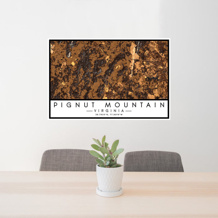 24x36 Pignut Mountain Virginia Map Print Lanscape Orientation in Ember Style Behind 2 Chairs Table and Potted Plant