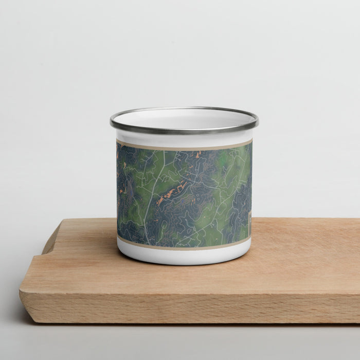 Front View Custom Pignut Mountain Virginia Map Enamel Mug in Afternoon on Cutting Board