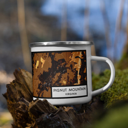 Right View Custom Pignut Mountain Virginia Map Enamel Mug in Ember on Grass With Trees in Background