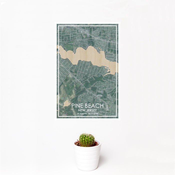 12x18 Pine Beach New Jersey Map Print Portrait Orientation in Afternoon Style With Small Cactus Plant in White Planter