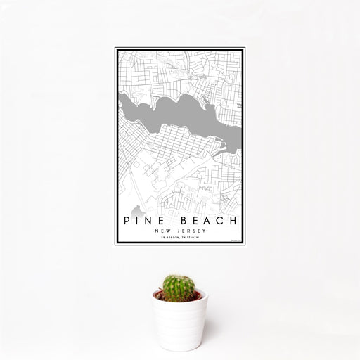12x18 Pine Beach New Jersey Map Print Portrait Orientation in Classic Style With Small Cactus Plant in White Planter