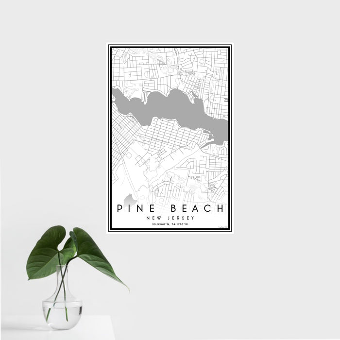 16x24 Pine Beach New Jersey Map Print Portrait Orientation in Classic Style With Tropical Plant Leaves in Water