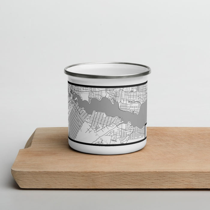 Front View Custom Pine Beach New Jersey Map Enamel Mug in Classic on Cutting Board