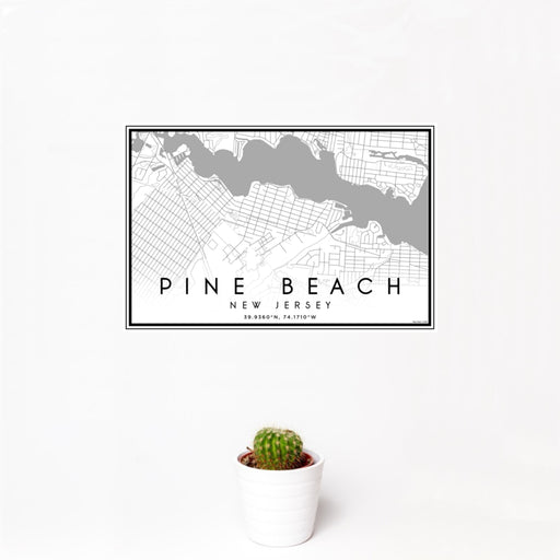 12x18 Pine Beach New Jersey Map Print Landscape Orientation in Classic Style With Small Cactus Plant in White Planter