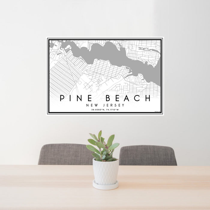 24x36 Pine Beach New Jersey Map Print Landscape Orientation in Classic Style Behind 2 Chairs Table and Potted Plant
