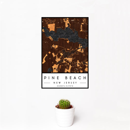 12x18 Pine Beach New Jersey Map Print Portrait Orientation in Ember Style With Small Cactus Plant in White Planter