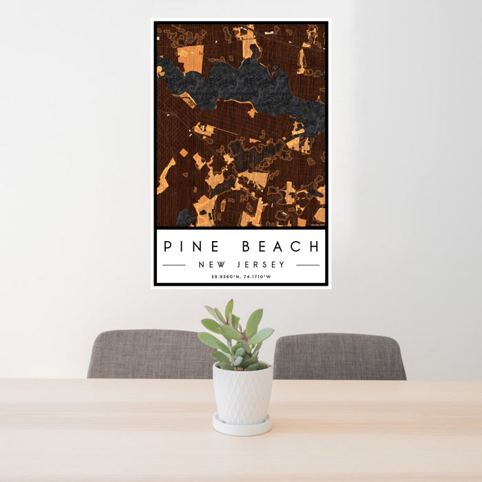 24x36 Pine Beach New Jersey Map Print Portrait Orientation in Ember Style Behind 2 Chairs Table and Potted Plant
