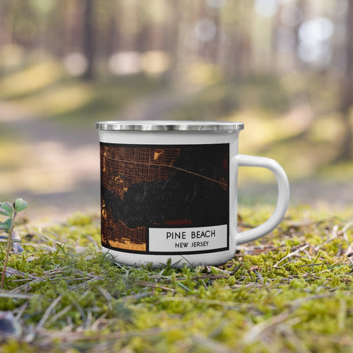 Right View Custom Pine Beach New Jersey Map Enamel Mug in Ember on Grass With Trees in Background
