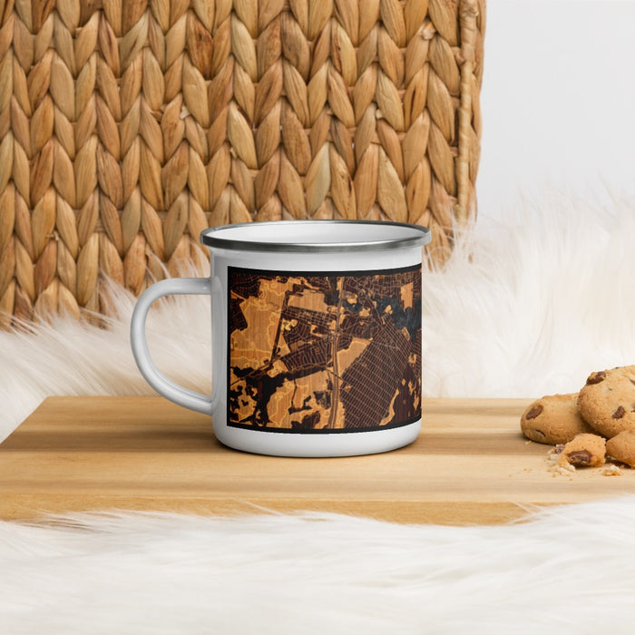 Left View Custom Pine Beach New Jersey Map Enamel Mug in Ember on Table Top