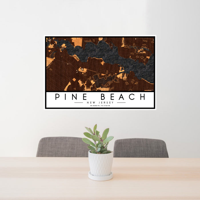 24x36 Pine Beach New Jersey Map Print Landscape Orientation in Ember Style Behind 2 Chairs Table and Potted Plant