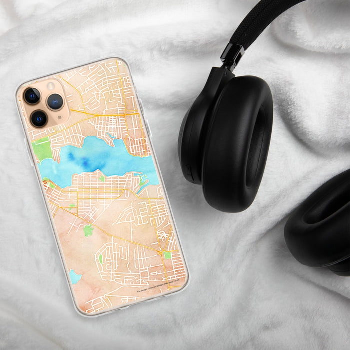 Custom Pine Beach New Jersey Map Phone Case in Watercolor on Table with Black Headphones