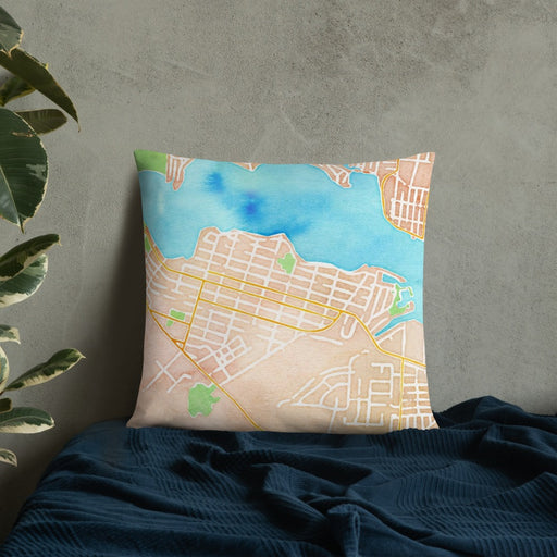 Custom Pine Beach New Jersey Map Throw Pillow in Watercolor on Bedding Against Wall