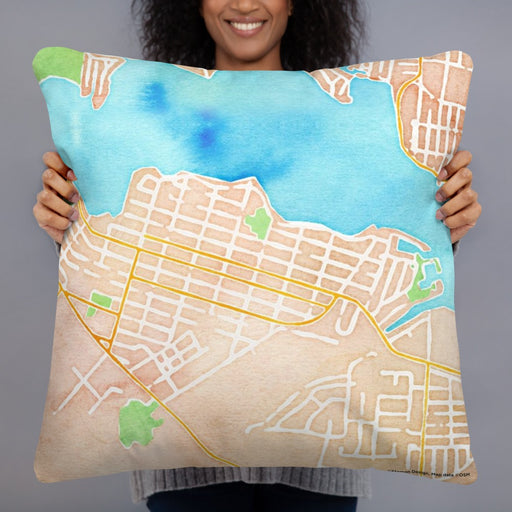 Person holding 22x22 Custom Pine Beach New Jersey Map Throw Pillow in Watercolor