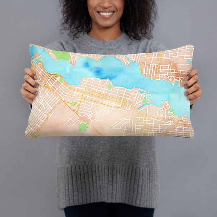 Person holding 20x12 Custom Pine Beach New Jersey Map Throw Pillow in Watercolor
