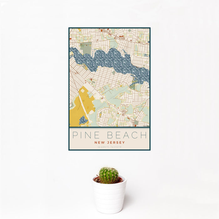 12x18 Pine Beach New Jersey Map Print Portrait Orientation in Woodblock Style With Small Cactus Plant in White Planter