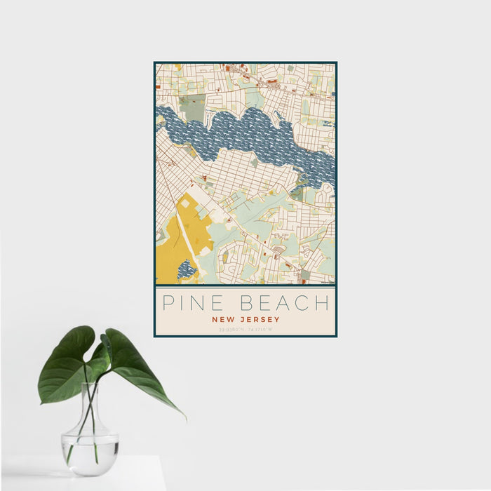 16x24 Pine Beach New Jersey Map Print Portrait Orientation in Woodblock Style With Tropical Plant Leaves in Water
