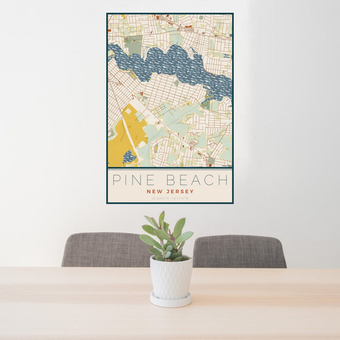 24x36 Pine Beach New Jersey Map Print Portrait Orientation in Woodblock Style Behind 2 Chairs Table and Potted Plant
