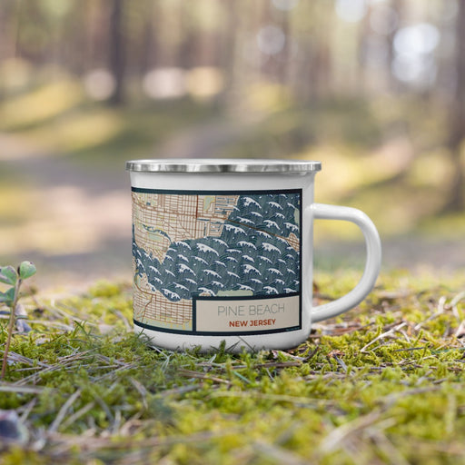 Right View Custom Pine Beach New Jersey Map Enamel Mug in Woodblock on Grass With Trees in Background