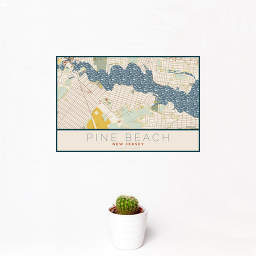 12x18 Pine Beach New Jersey Map Print Landscape Orientation in Woodblock Style With Small Cactus Plant in White Planter