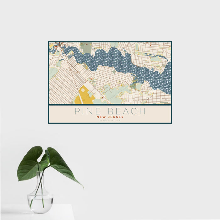 16x24 Pine Beach New Jersey Map Print Landscape Orientation in Woodblock Style With Tropical Plant Leaves in Water