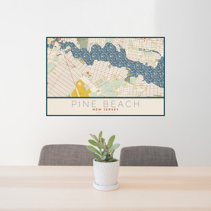24x36 Pine Beach New Jersey Map Print Landscape Orientation in Woodblock Style Behind 2 Chairs Table and Potted Plant