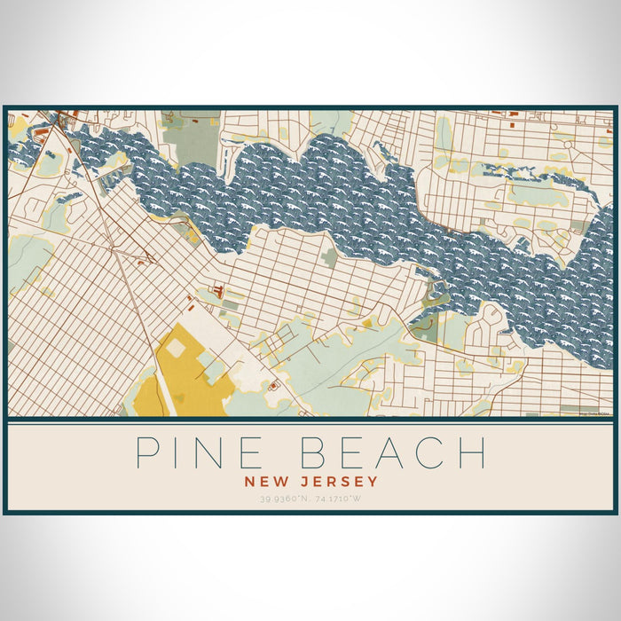 Pine Beach New Jersey Map Print Landscape Orientation in Woodblock Style With Shaded Background