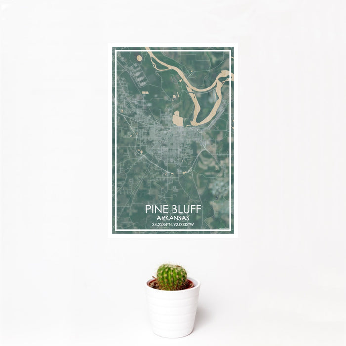 12x18 Pine Bluff Arkansas Map Print Portrait Orientation in Afternoon Style With Small Cactus Plant in White Planter