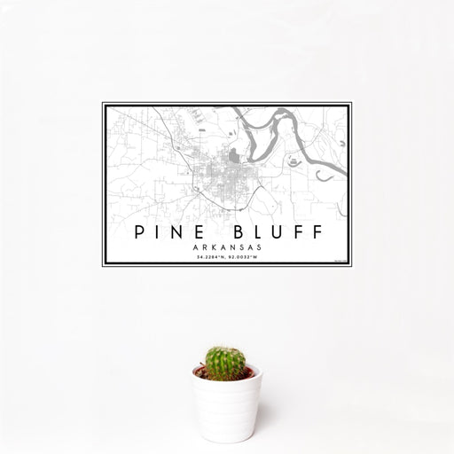 12x18 Pine Bluff Arkansas Map Print Landscape Orientation in Classic Style With Small Cactus Plant in White Planter