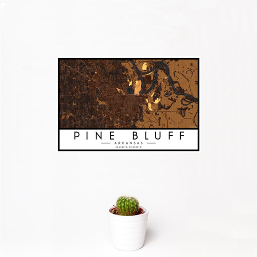 12x18 Pine Bluff Arkansas Map Print Landscape Orientation in Ember Style With Small Cactus Plant in White Planter