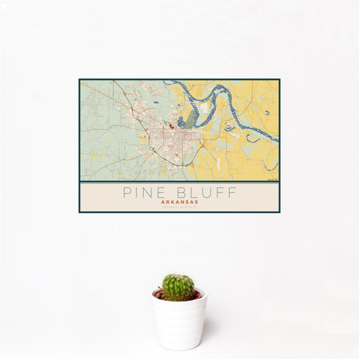 12x18 Pine Bluff Arkansas Map Print Landscape Orientation in Woodblock Style With Small Cactus Plant in White Planter
