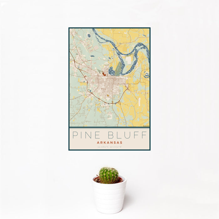 12x18 Pine Bluff Arkansas Map Print Portrait Orientation in Woodblock Style With Small Cactus Plant in White Planter