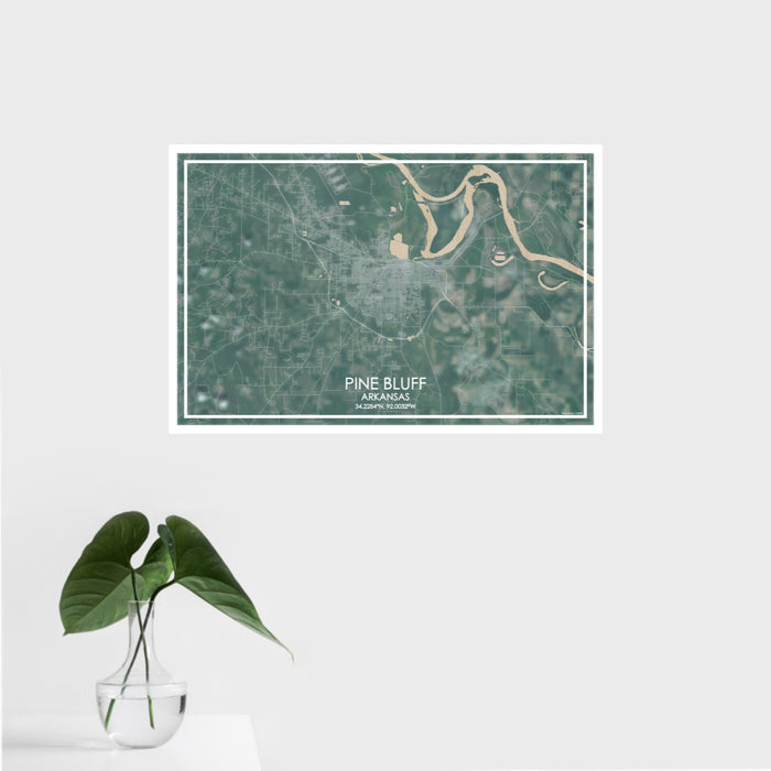 16x24 Pine Bluff Arkansas Map Print Landscape Orientation in Afternoon Style With Tropical Plant Leaves in Water