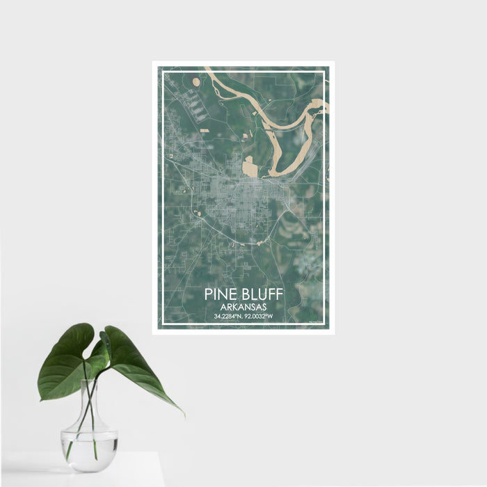 16x24 Pine Bluff Arkansas Map Print Portrait Orientation in Afternoon Style With Tropical Plant Leaves in Water