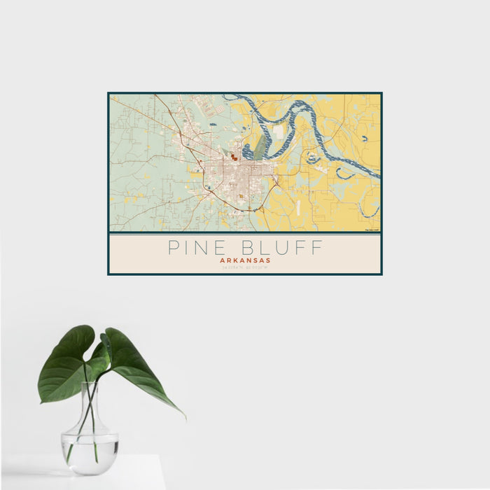 16x24 Pine Bluff Arkansas Map Print Landscape Orientation in Woodblock Style With Tropical Plant Leaves in Water