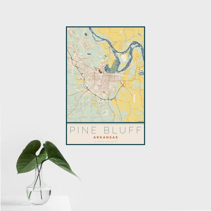16x24 Pine Bluff Arkansas Map Print Portrait Orientation in Woodblock Style With Tropical Plant Leaves in Water