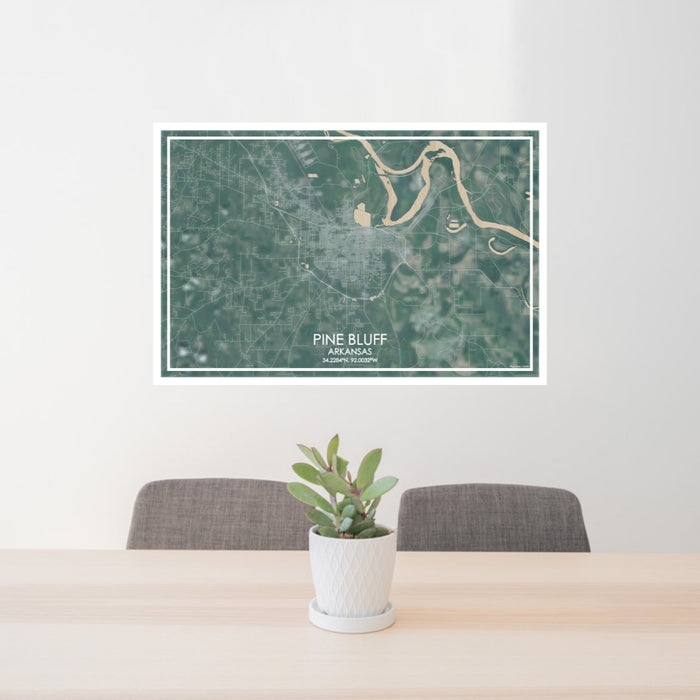 24x36 Pine Bluff Arkansas Map Print Lanscape Orientation in Afternoon Style Behind 2 Chairs Table and Potted Plant