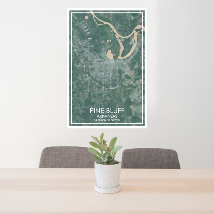 24x36 Pine Bluff Arkansas Map Print Portrait Orientation in Afternoon Style Behind 2 Chairs Table and Potted Plant