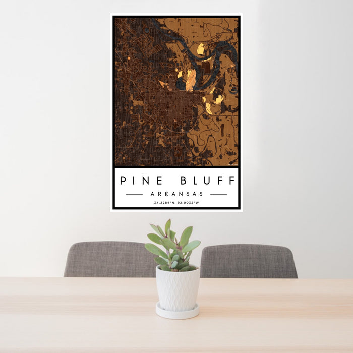 24x36 Pine Bluff Arkansas Map Print Portrait Orientation in Ember Style Behind 2 Chairs Table and Potted Plant