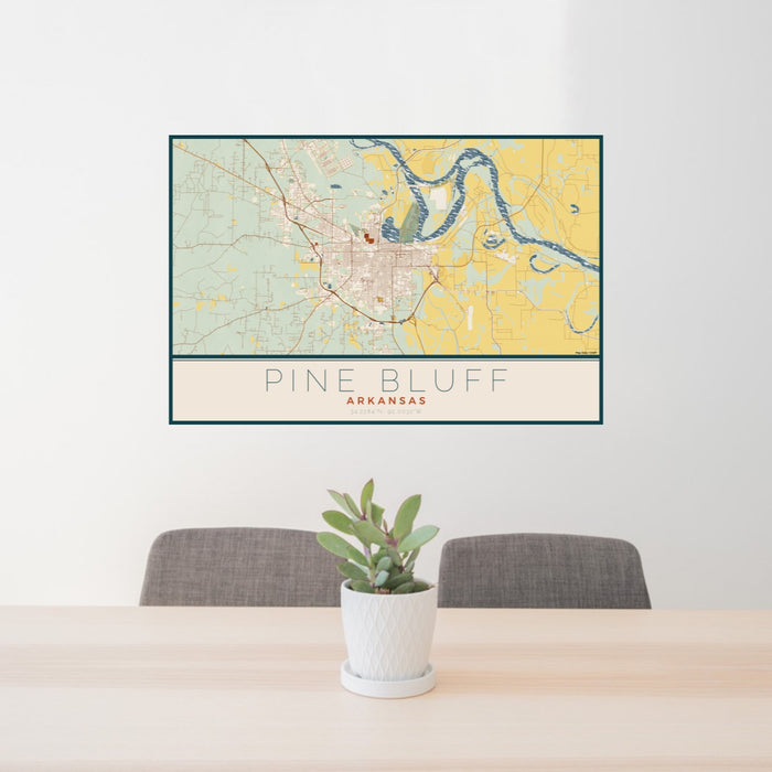 24x36 Pine Bluff Arkansas Map Print Lanscape Orientation in Woodblock Style Behind 2 Chairs Table and Potted Plant