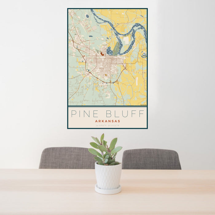 24x36 Pine Bluff Arkansas Map Print Portrait Orientation in Woodblock Style Behind 2 Chairs Table and Potted Plant