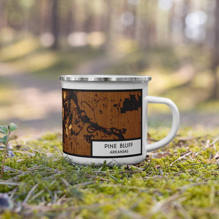 Right View Custom Pine Bluff Arkansas Map Enamel Mug in Ember on Grass With Trees in Background