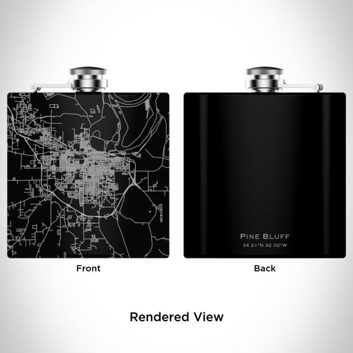 Rendered View of Pine Bluff Arkansas Map Engraving on 6oz Stainless Steel Flask in Black