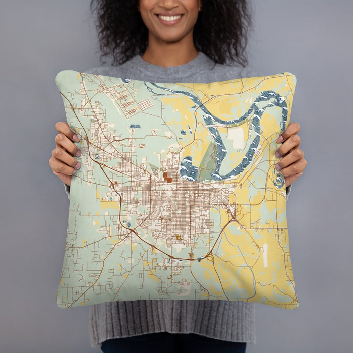 Person holding 18x18 Custom Pine Bluff Arkansas Map Throw Pillow in Woodblock